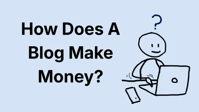 How Does A Blog Make Money thumbnail with MarketingUlf doodle character using a laptop and a question mark above the head