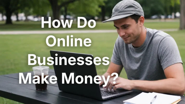 How do online businesses make money? Person working on a laptop outdoors.