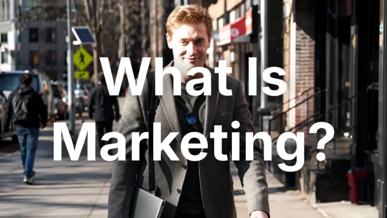 What is marketing? Professional walking through a city while learning about marketing and business.