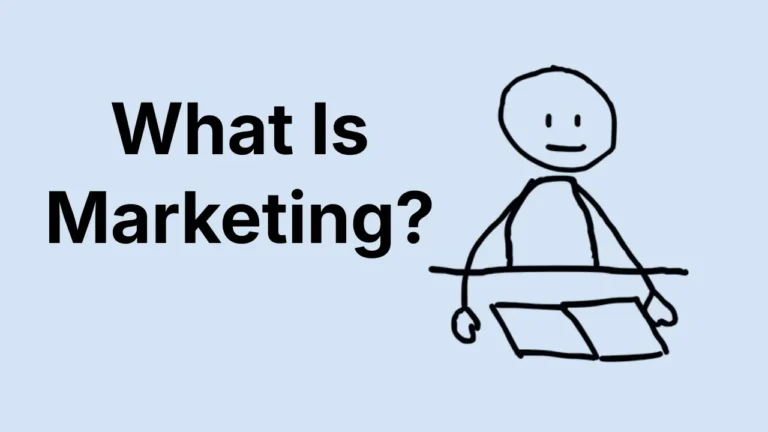 What Is Marketing? illustration with a simple doodle character sitting at a desk on a light blue background.