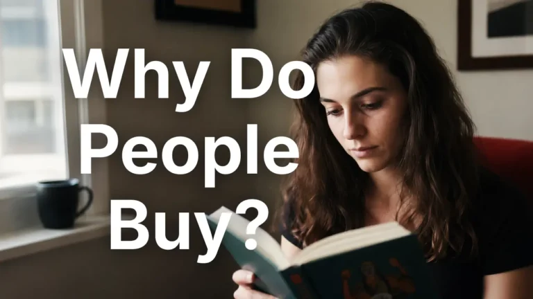 Why do people buy? Woman reading a book and learning about customer behavior and decision making.