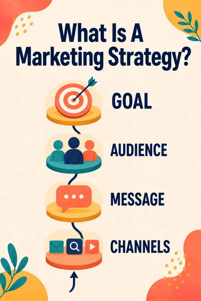 Vertical infographic explaining the four foundations of a marketing strategy: goal, audience, message and marketing channels.