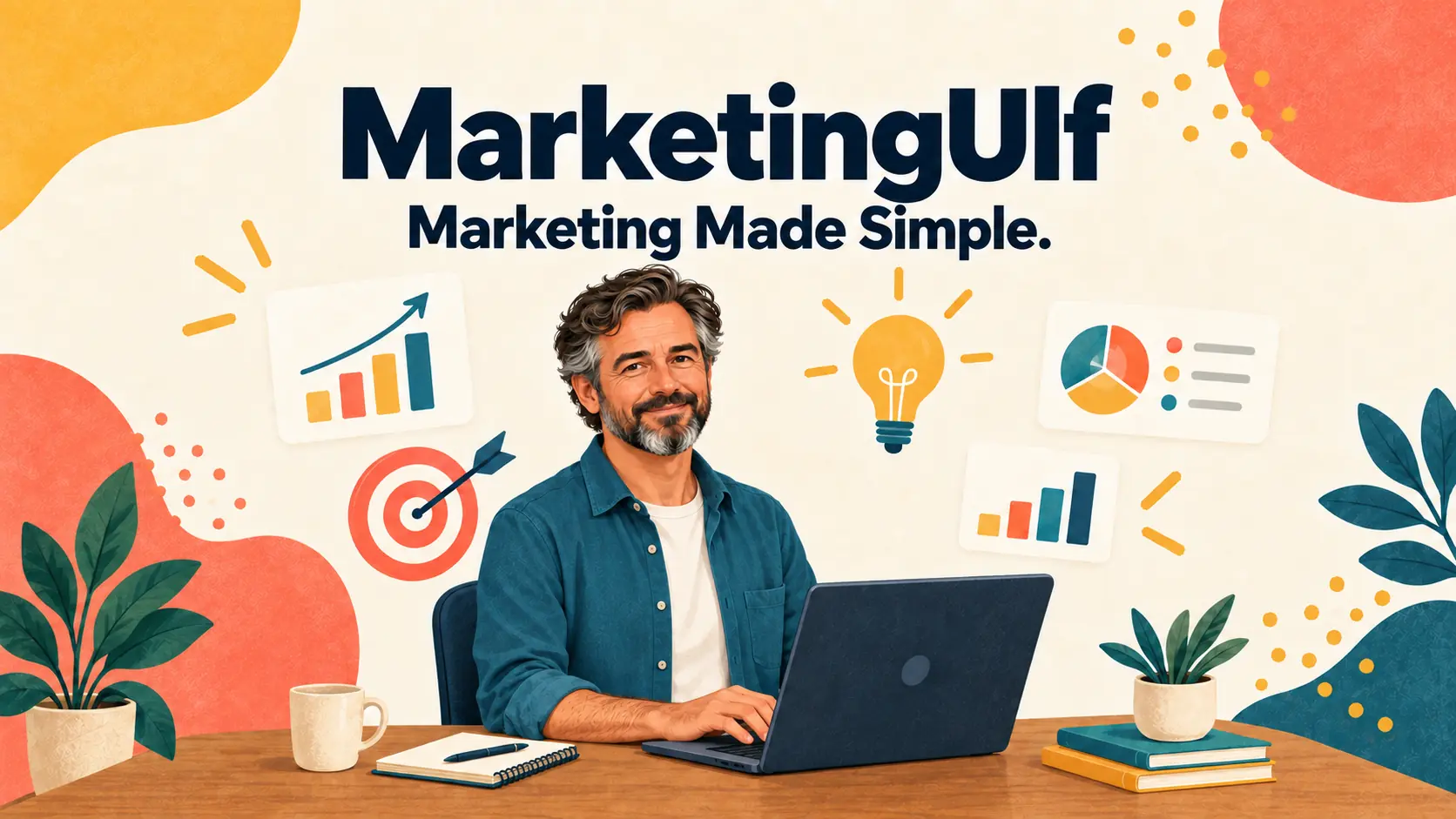 MarketingUlf homepage illustration showing a mature man working at a laptop surrounded by a target, charts and a light bulb.