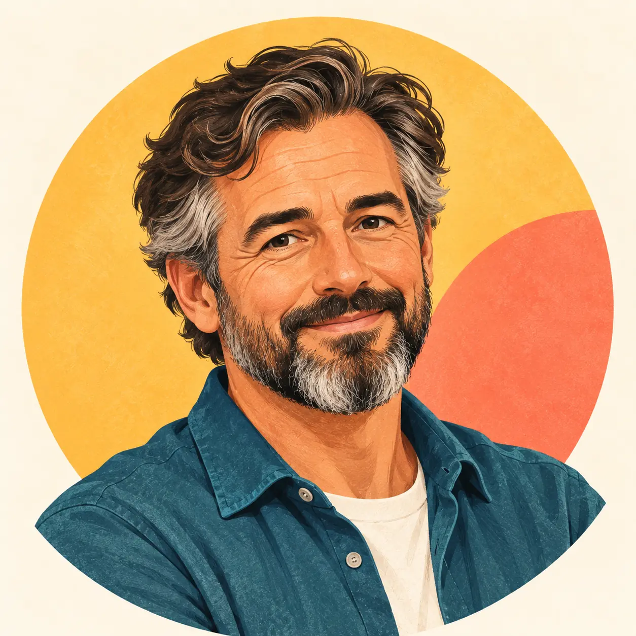 Illustrated portrait of a smiling mature man with salt-and-pepper hair and beard on a warm yellow and coral background.