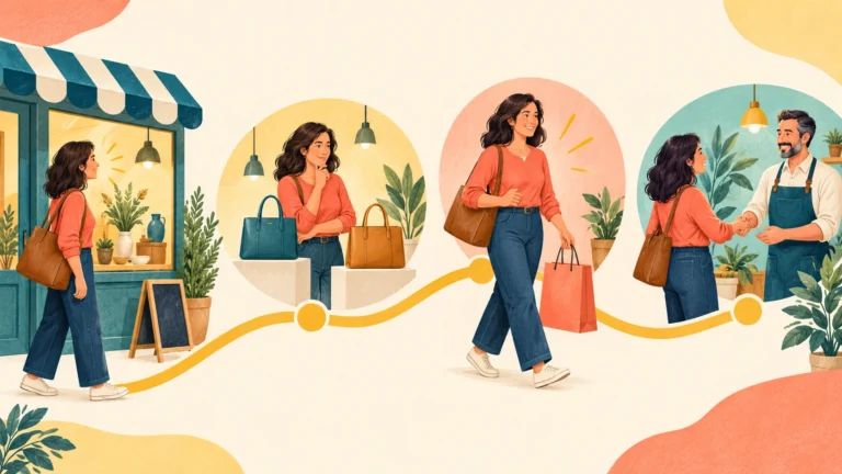 Illustrated customer journey showing a woman discovering a shop, comparing products, making a purchase and receiving friendly service.