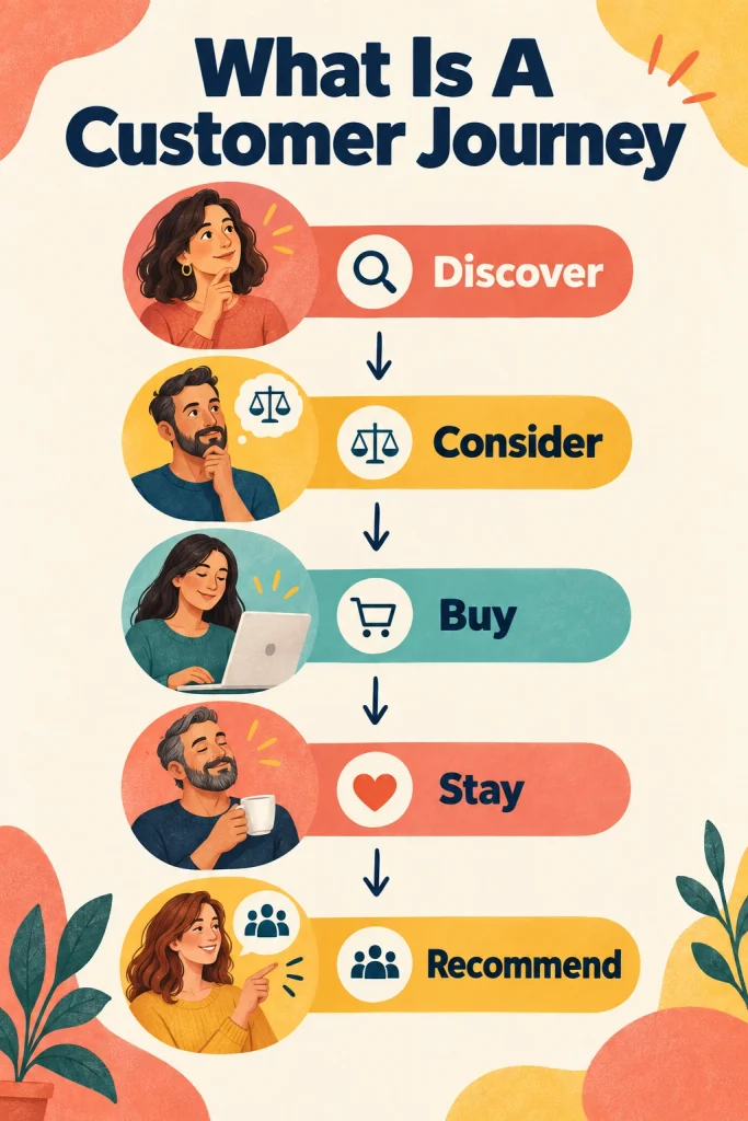 A five-stage customer journey infographic showing how people discover, consider, buy, stay and recommend a business.
