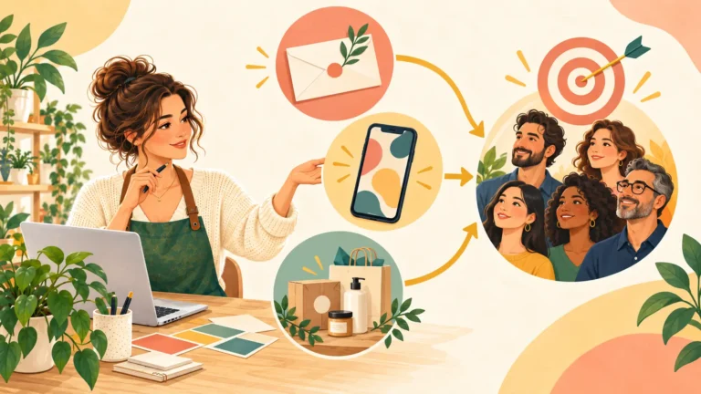 An adult small-business owner coordinates email, mobile and product communication so every activity reaches the same audience and supports one target.