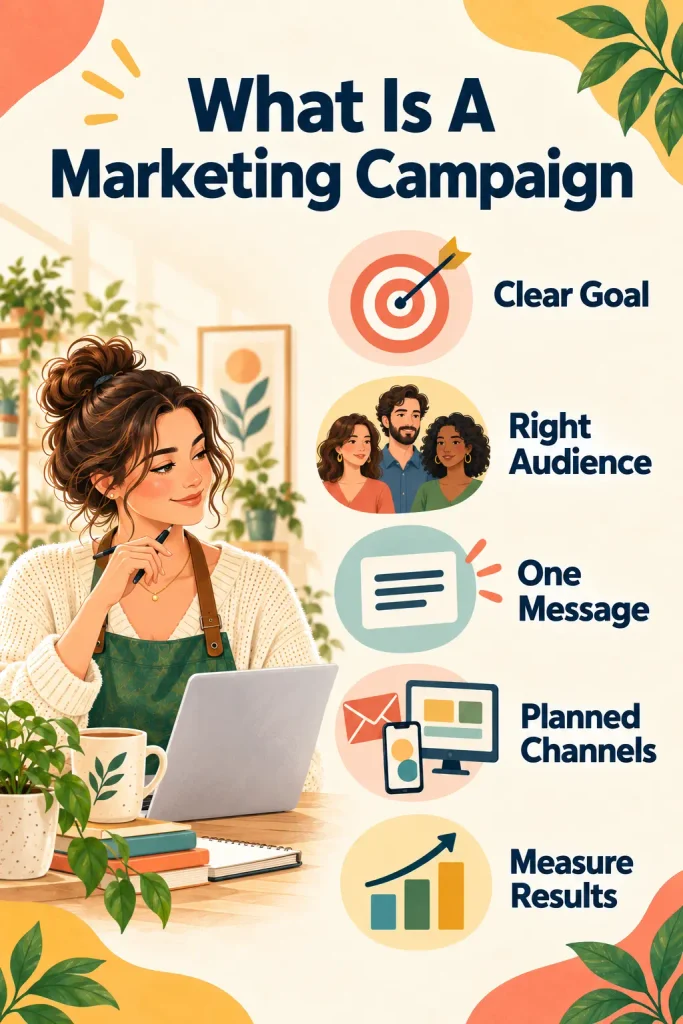 A vertical guide titled What Is A Marketing Campaign showing five parts: Clear Goal, Right Audience, One Message, Planned Channels and Measure Results.
