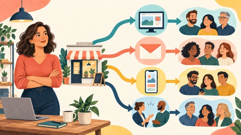 A small-business owner using website, email, mobile and face-to-face marketing channels to reach different customer groups.