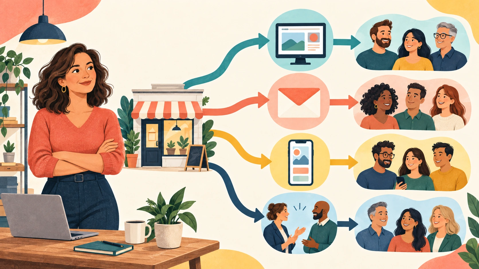 A small-business owner using website, email, mobile and face-to-face marketing channels to reach different customer groups.