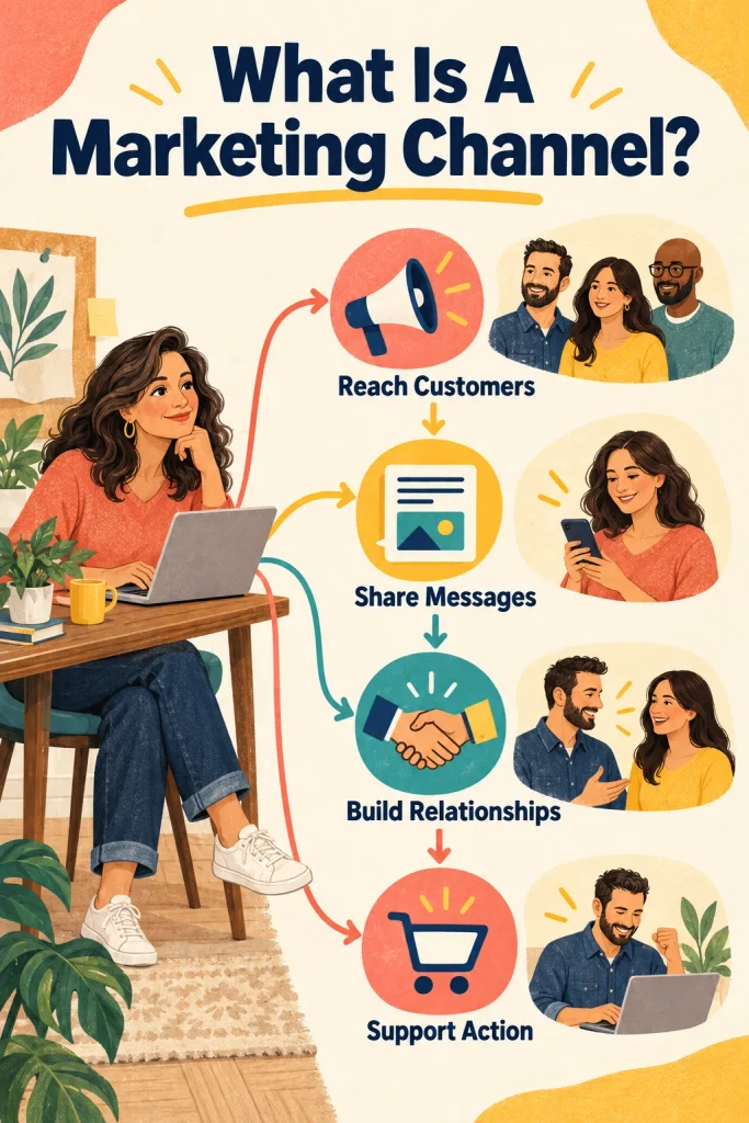 Vertical infographic explaining how a marketing channel helps a business reach customers, share messages, build relationships and support action.