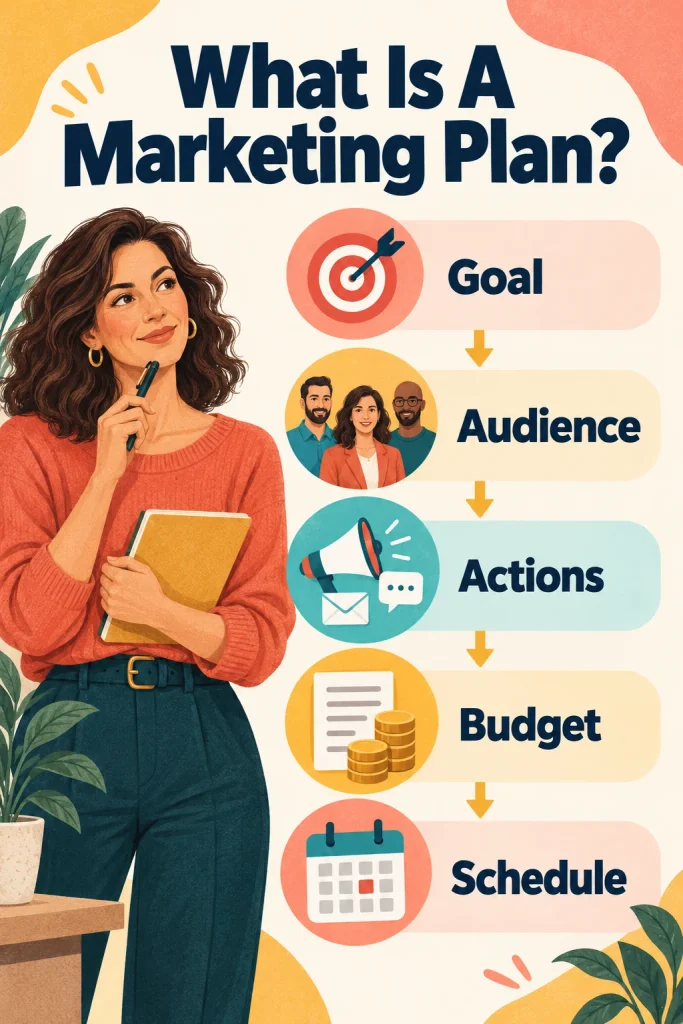 Vertical infographic showing five parts of a marketing plan: goal, audience, actions, budget and schedule.