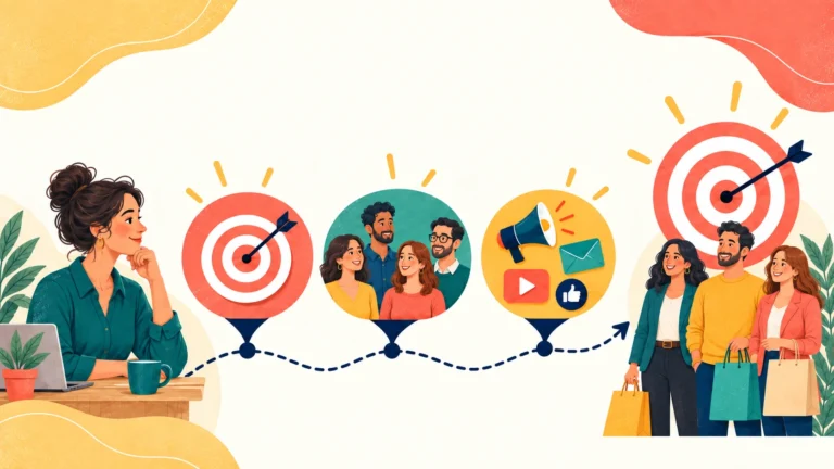 Marketing strategy illustration showing a path from a clear goal through an adult audience and marketing channels to customers.