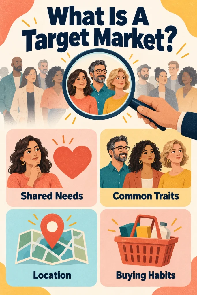 Vertical infographic explaining four factors used to identify a target market: shared needs, common traits, location and buying habits.