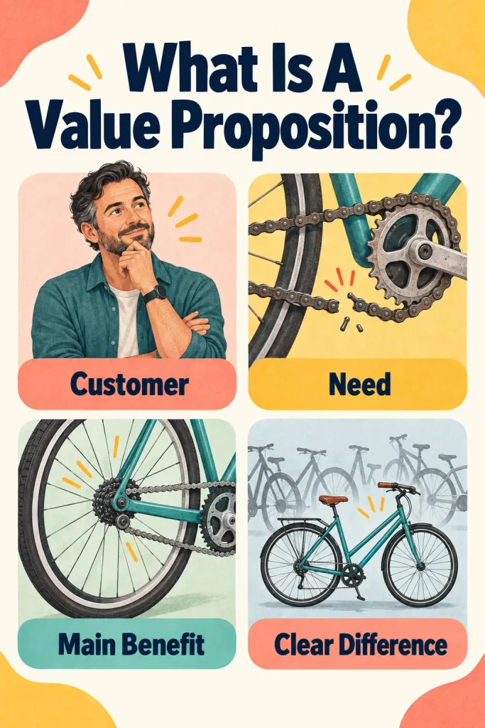 Vertical infographic explaining four parts of a value proposition: customer, need, main benefit and clear difference.